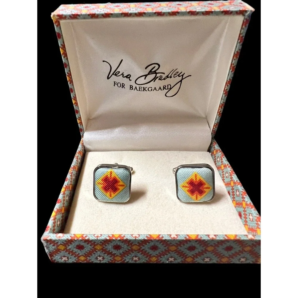 Vera Bradley for Baekgaard Cufflinks  New In Box. Blue Red Design.